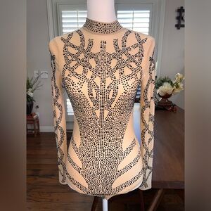 Banjul Tan Nude Mesh Rhinestone Studded Bodysuit Stretch Sheer Clubwear Sz S